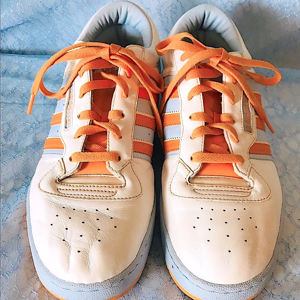 Men's Adidas Size 13 White with Orange & Pale Blue